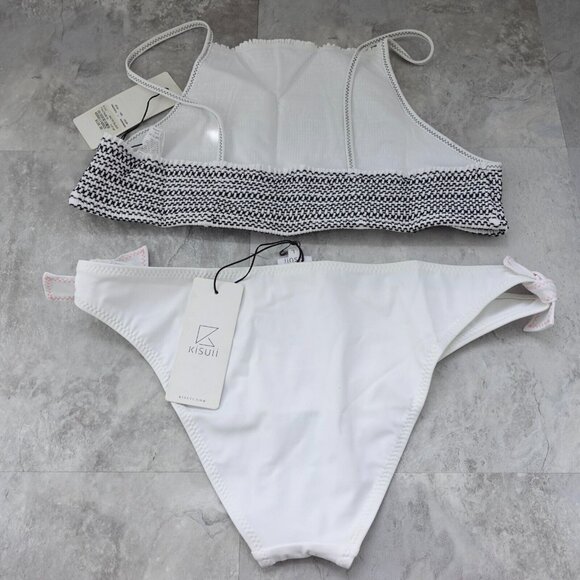 KISUII Bikini Set Large White Two Piece Halter Smocked Hipster Bikini BARNEYS - Picture 3 of 16